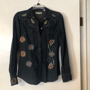 Embroidered studded denim shirt